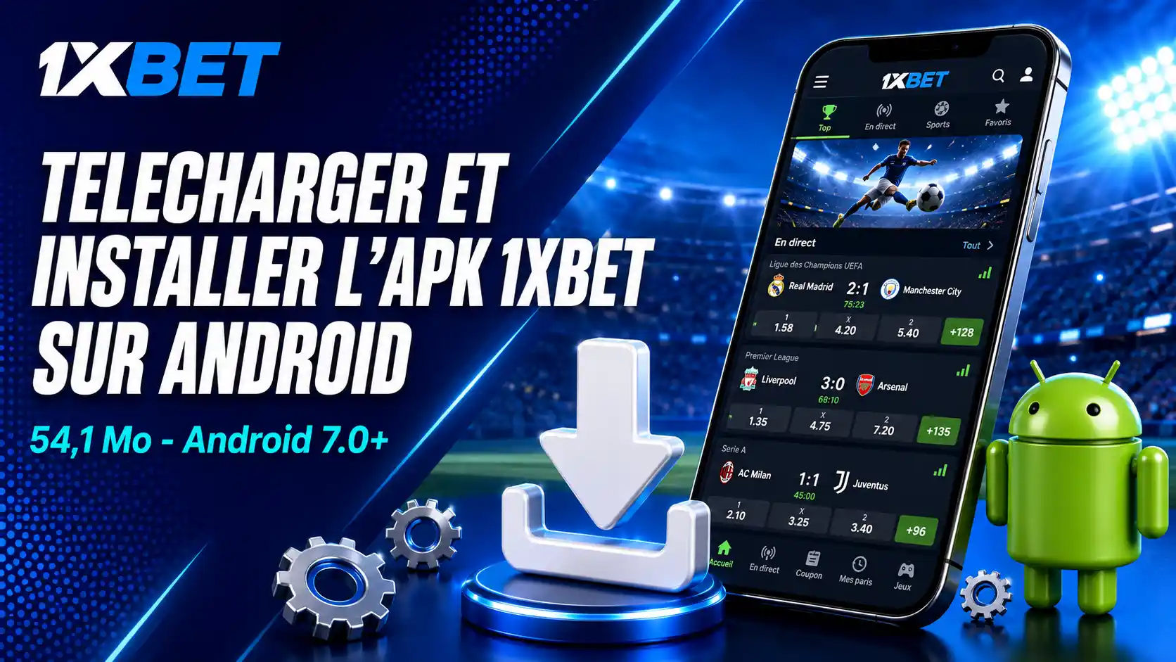 Écrans successifs de l'installation de l'APK 1xBet sur Android : avertissement de source inconnue, activation de l'autorisation, puis bouton Installer