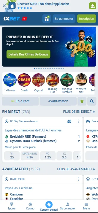 Écran d'accueil de l'application 1xBet avec le menu inférieur et les sports mis en avant