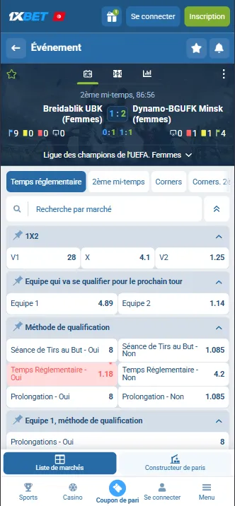 Section des paris en direct avec le bouton de clôture anticipée Cash Out